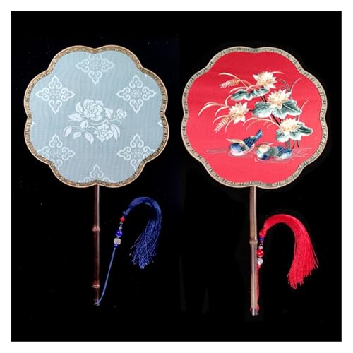 Ventilator Doppelseitige Stickerei Klassische Dekorative Fan Hanfu Dance frauen Lange Griff Runde Handventilator(Color31,27cm) von ODJDNLKLWN