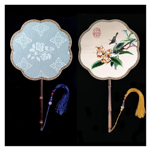 Ventilator Doppelseitige Stickerei Klassische Dekorative Fan Hanfu Dance frauen Lange Griff Runde Handventilator(Color33,27cm) von ODJDNLKLWN