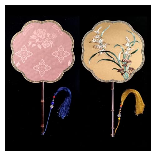 Ventilator Doppelseitige Stickerei Klassische Dekorative Fan Hanfu Dance frauen Lange Griff Runde Handventilator(Color34,27cm) von ODJDNLKLWN