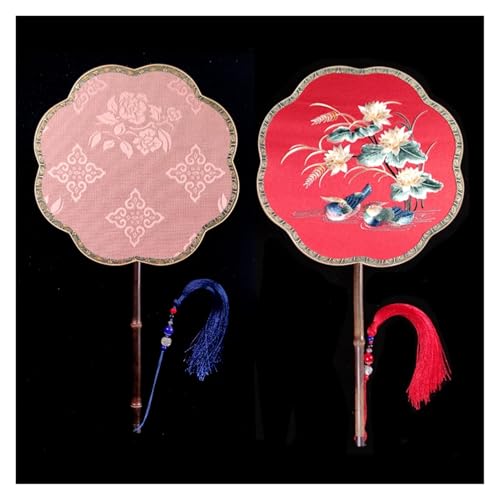 Ventilator Doppelseitige Stickerei Klassische Dekorative Fan Hanfu Dance frauen Lange Griff Runde Handventilator(Color38,27cm) von ODJDNLKLWN