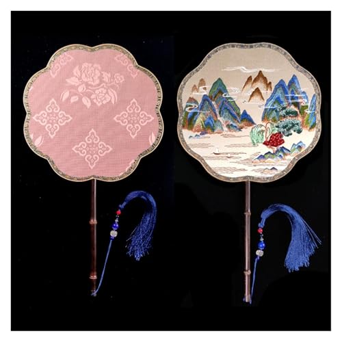 Ventilator Doppelseitige Stickerei Klassische Dekorative Fan Hanfu Dance frauen Lange Griff Runde Handventilator(Color39,27cm) von ODJDNLKLWN