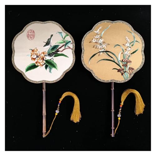 Ventilator Doppelseitige Stickerei Klassische Dekorative Fan Hanfu Dance frauen Lange Griff Runde Handventilator(Color4,27cm) von ODJDNLKLWN