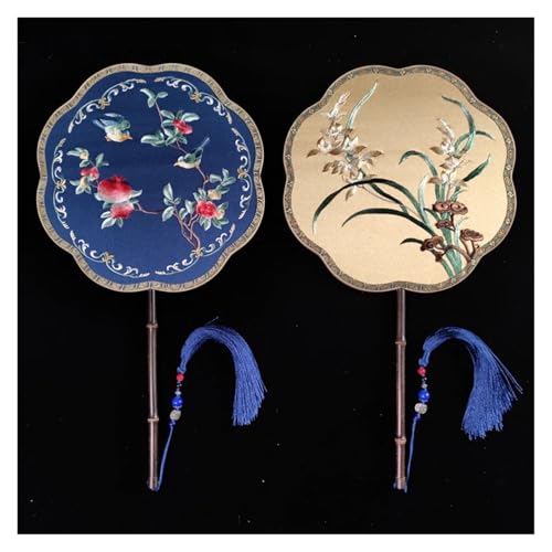 Ventilator Doppelseitige Stickerei Klassische Dekorative Fan Hanfu Dance frauen Lange Griff Runde Handventilator(Color5,24cm) von ODJDNLKLWN
