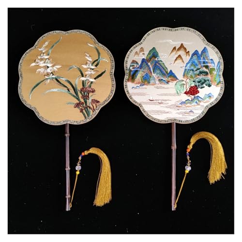Ventilator Doppelseitige Stickerei Klassische Dekorative Fan Hanfu Dance frauen Lange Griff Runde Handventilator(Color6,27cm) von ODJDNLKLWN
