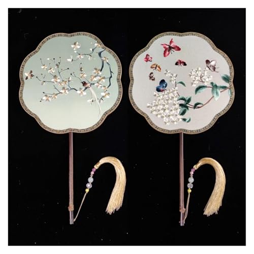 Ventilator Doppelseitige Stickerei Klassische Dekorative Fan Hanfu Dance frauen Lange Griff Runde Handventilator(Color7,27cm) von ODJDNLKLWN