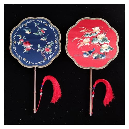 Ventilator Doppelseitige Stickerei Klassische Dekorative Fan Hanfu Dance frauen Lange Griff Runde Handventilator(Color8,27cm) von ODJDNLKLWN