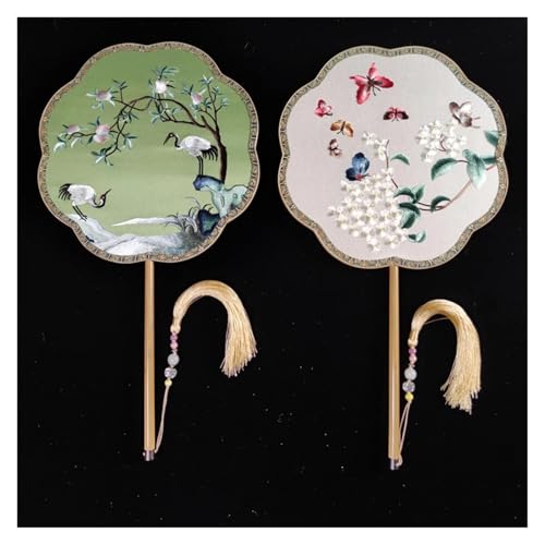 Ventilator Doppelseitige Stickerei Klassische Dekorative Fan Hanfu Dance frauen Lange Griff Runde Handventilator(Color9,27cm) von ODJDNLKLWN