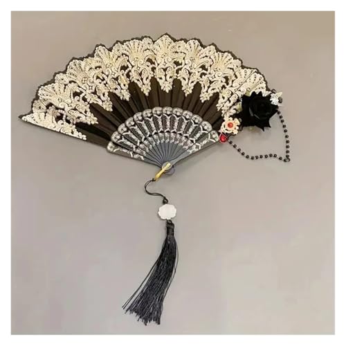 Ventilator Retro Fan Heißprägen Rose Blume Falten Schwarz Weiß Kunststoff Hand Hochzeit Cosplay Prop Party Decor Handventilator(B) von ODJDNLKLWN