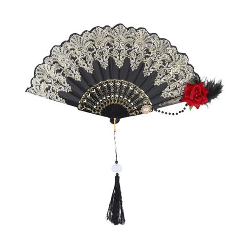 Ventilator Retro Fan Heißprägen Rose Blume Falten Schwarz Weiß Kunststoff Hand Hochzeit Cosplay Prop Party Decor Handventilator(C) von ODJDNLKLWN