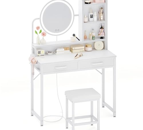 ODK 80cm LED Vanity Makeup Dressing Table with Adjustable Mirror Light, Built-in Socket, 8 Fabric Drawers & Stool White+White von ODK