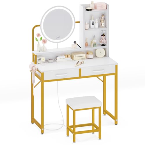 ODK 80cm Vanity Dressing Table with Adjustable LED Mirror, Makeup Desk with Stool, 2 Fabric Drawers & Open Shelves von ODK