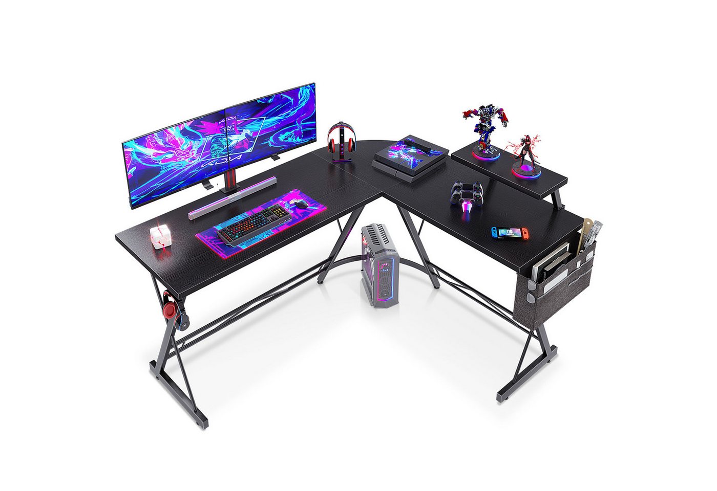 ODK Computertisch L Form Gaming Schreibtisch, Eckschreibtisch 147 x 120 cm (1-St), mit Monitorständer mit hängender Tasche von ODK