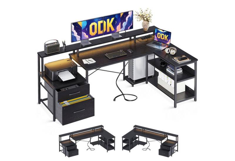 ODK Computertisch L Form Reversibel Eckschreibtisch Groß mit LED Steckdosenleiste (1-St), Ladegerät und Monitorständer, 172.3×100cm von ODK