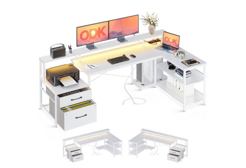 ODK Computertisch L Form Reversibel Eckschreibtisch Groß mit LED Steckdosenleiste (1-St), Ladegerät und Monitorständer Weiß, 189.3×100cm von ODK