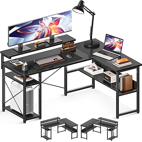 ODK Eckschreibtisch, Reversibel Schreibtisch l Form mit Monitorständer, Schreibtisch mit Regal Schwarz 137×102 cm von ODK