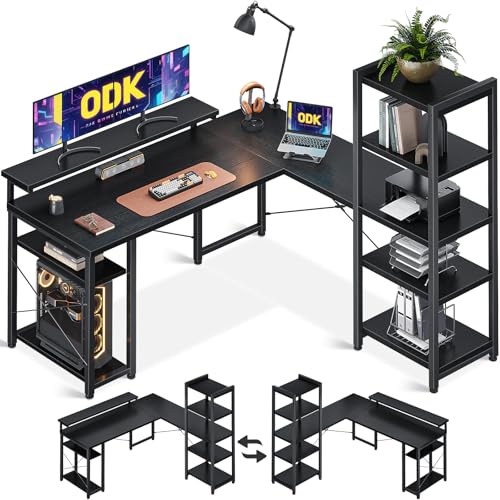 ODK Eckschreibtisch, 140×137 cm Reversibel Computertisch mit Bücherregal, Bürotisch mit Verstellbarem Langen Monitorständer, Schreibtisch L Form für arbeitszimmer und homeoffice, Schwarz von ODK