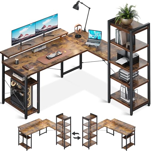 ODK Eckschreibtisch, 155×140 cm Reversibel Computertisch mit Bücherregal, Bürotisch mit Verstellbarem Langen Monitorständer, Schreibtisch L Form für arbeitszimmer und homeoffice, Vintage Brown von ODK