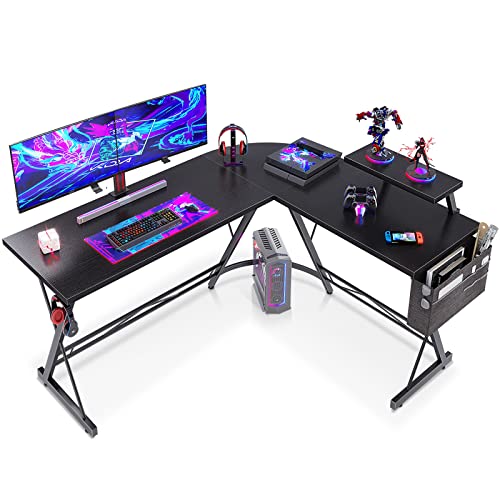 ODK 147 x 120 cm Eckschreibtisch, L Form Gaming Schreibtisch mit runder Ecke, Gaming Tisch mit Monitorablage, L Computertisch, Klassisches Schwarz, Schwarz Gaming Schreibtisch von ODK