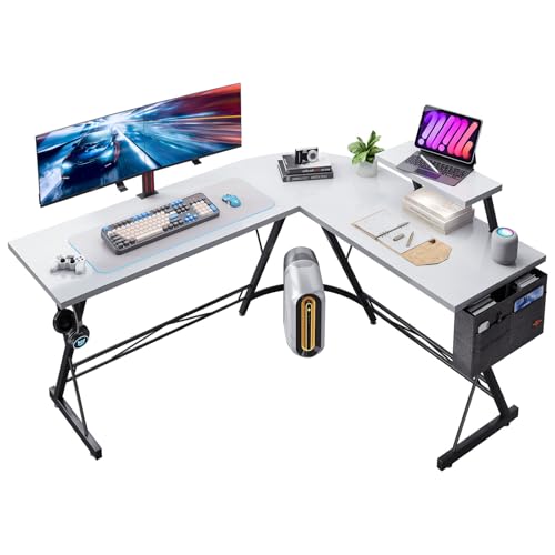 ODK 147 x 120 cm Eckschreibtisch, L Form Gaming Schreibtisch mit runder Ecke, Gaming Tisch mit Monitorablage, L Computertisch, Klassisches Schwarz, Weiß Gaming Schreibtisch von ODK