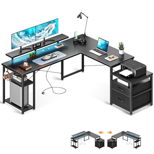 ODK Eckschreibtisch 168×160cm, Reversibel Schreibtisch Schwarz mit USB-Ladeanschluss&Steckdose, Bürotisch mit Regal und Lagerschrank, Schreibtisch L Form für Home Office von ODK