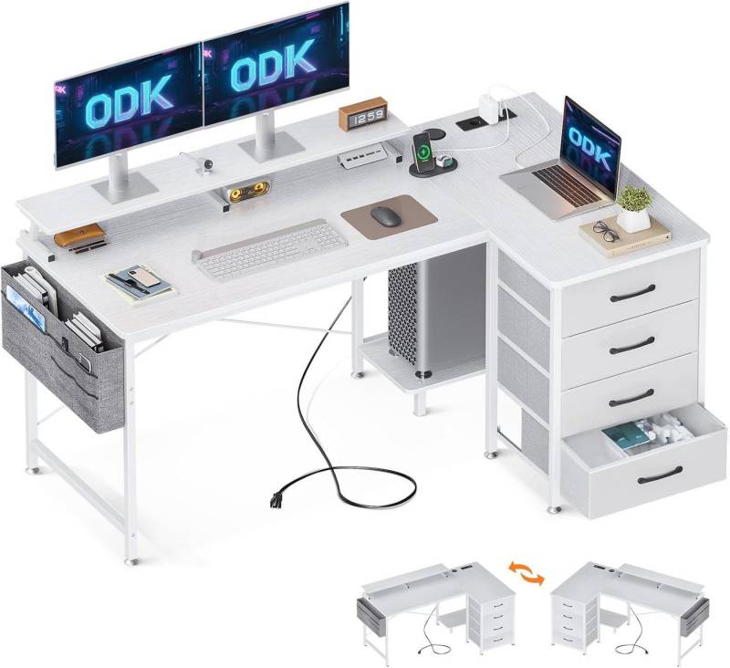 ODK Eckschreibtisch ODK Eckschreibtisch, Schreibtisch L Form mit 4 Schubladen, 140x80x84.7cm Tisch mit 2USB Ladeanschluss&2 Steckdose von ODK