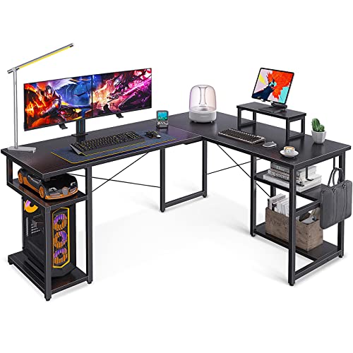 ODK Eckschreibtisch, Schreibtisch L Form mit Regal & Haken, PC Gaming Tisch mit Monitorständer, Schreibtisch für Arbeitszimmer und Homeoffice Schwarz 148×120 cm von ODK