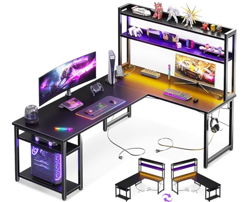 ODK Gaming Tisch mit LED, Reversibel Schreibtisch L Form mit 2 Steckdosen und 2 USB Ladeanschluss, Eckschreibtisch Schwarz mit Stall und Lagerregal, 150×120 cm von ODK