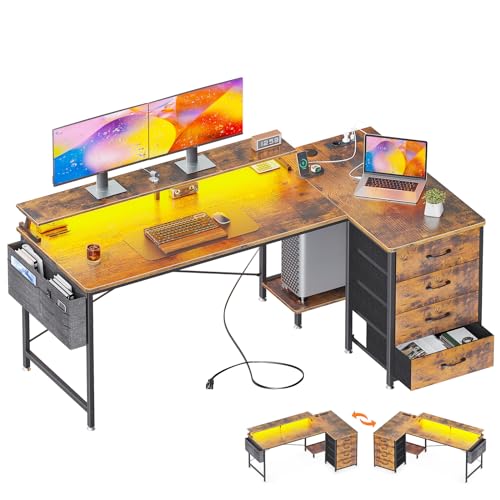 ODK Eckschreibtisch mit 4 Stoff Schubladen, Reversible Schreibtisch L Form mit 2 Steckdosen und 2 USB Ladeanschluss, Gaming Tisch L Form mit LED&Monitorständer für Home Office (Braun, 160x80x84.7cm) von ODK
