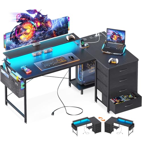 ODK Eckschreibtisch mit 4 Stoff Schubladen, Reversible Schreibtisch L Form mit 2 Steckdosen und 2 USB Ladeanschluss, Gaming Tisch L Form mit LED&Monitorständer für Home Office (Schwarz, 140x80x84.7cm) von ODK