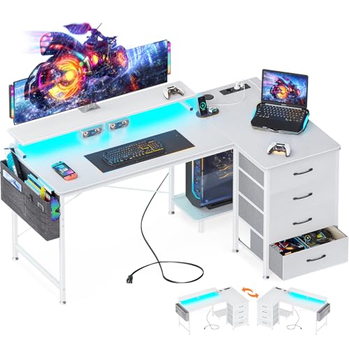 ODK Eckschreibtisch mit 4 Stoff Schubladen, Reversible Schreibtisch L Form mit 2 Steckdosen und 2 USB Ladeanschluss, Gaming Tisch L Form mit LED&Monitorständer für Home Office (Weiß, 140x80x85.9cm) von ODK