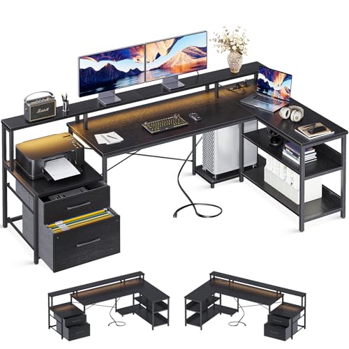ODK Gaming Schreibtisch mit Aktenschublade, Reversibel Schreibtisch Schwarz mit Steckdose und LED-Streifen, Bürotisch mit Ablageflächen, Gaming-Schreibtisch mit Monitorablage, 189.3×100 cm von ODK
