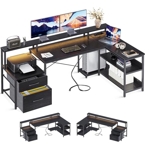 ODK Schreibtisch L Form mit 2 Steckdosen und 2 USB Ladeanschluss, Reversibel Gaming Schreibtisch mit LED, Eckschreibtisch Schwarz mit Aktenschublade und Lagerregale, 172.5×100 cm von ODK