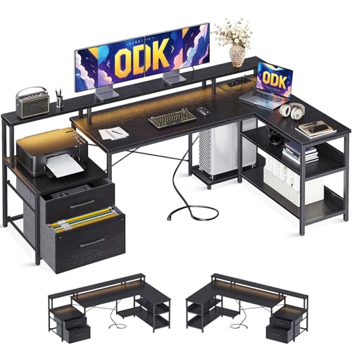 ODK Schreibtisch L Form mit 2 Steckdosen und 2 USB Ladeanschluss, Reversibel Gaming Schreibtisch mit LED, Eckschreibtisch Schwarz mit Aktenschublade und Lagerregale, 172.5×100 cm von ODK