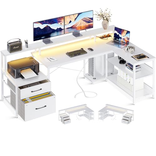 ODK Reversibel PC Tisch mit LED, 172.5×100 cm Eckschreibtisch weiß mit 2 Steckdosen und 2 USB Ladeanschluss, Ecktisch mit Aktenschublade, Computer Tisch mit Lagerregale und Monitorregal von ODK