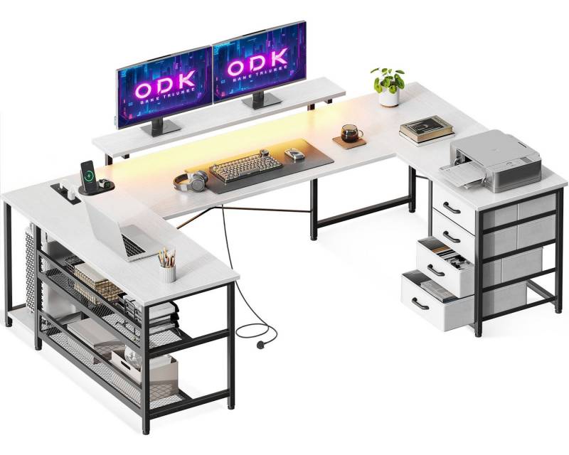 ODK Eckschreibtisch mit Steckdosen, USB, LED & Stauraum 167x102cm, Weiß von ODK