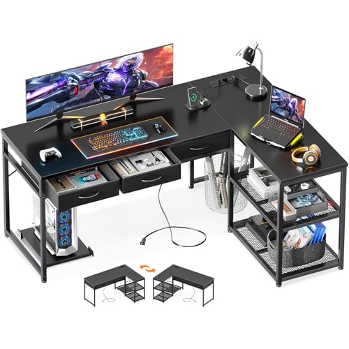 ODK Schreibtisch mit Schubladen, Schreibtisch L Form mit Steckdosen&beweglichem CPU-Ständer, Reversibler PC Tisch für das Heimbüro, Gaming-Schreibtisch, 135×100cm, Schwarz von ODK