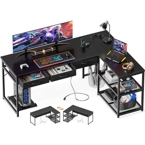 ODK Schreibtisch Schwarz, 155×110cm Eckschreibtisch mit USB-Ladeanschluss&Steckdose, Gaming Tisch mit Schubladen, Reversibler Büro Tisch für das Heimbüro, Gaming-Schreibtisch von ODK