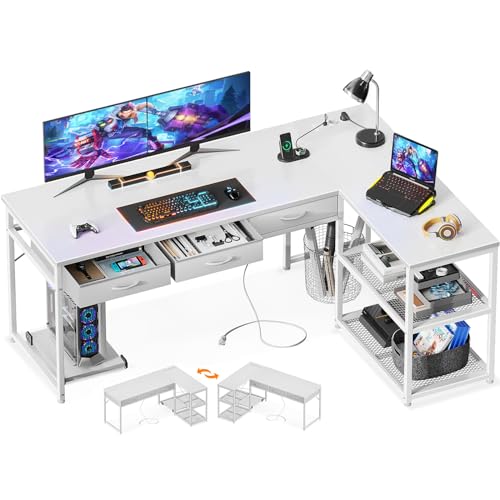 ODK L-förmiger Schreibtisch, Eckschreibtisch Groß mit USB-Ladeanschluss&Steckdose, Schreibtisch Weiß mit Schubladen, Reversibler Gaming Schreibtisch für das Heimbüro, Gaming-Schreibtisch, 155×110cm von ODK