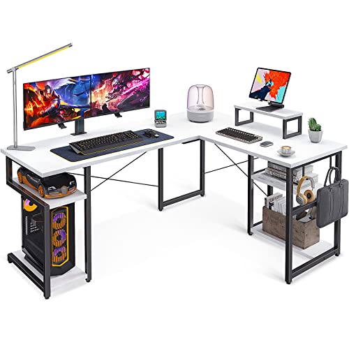 ODK Eckschreibtisch, Schreibtisch L Form mit Regal & Haken, PC Gaming Tisch mit Monitorständer, Schreibtisch für Arbeitszimmer und Homeoffice Weiß 148×120 cm von ODK