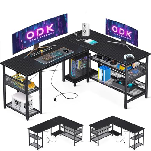 ODK Gaming Tisch, Reversibel Gaming Schreibtisch mit 2 Steckdosen und 2 USB Ladeanschluss, Eckschreibtisch mit Maximale Organisation & Stauraum, Kohlefaser Schwarz, 150×102cm ODK Gaming Tisch, Reversibel Gaming Schreibtisch mit 2 Steckdosen und 2 USB Ladeanschluss, Eckschreibtisch mit Maximale Organisation & Stauraum, Kohlefaser Schwarz, 150×102cm von ODK