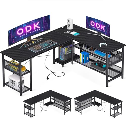 ODK Gaming Tisch, 168×120cm Reversibel Gaming Schreibtisch mit 2 Steckdosen und 2 USB Ladeanschluss, Eckschreibtisch mit Maximale Organisation & Stauraum, Kohlefaser Schwarz von ODK