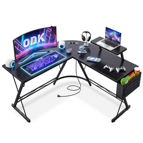ODK Gaming Tisch, Computertisch mit 2 Steckdosen und 2 USB Ladeanschluss, Gaming Schreibtisch mit runder Ecke, Gaming-Tisch mit Monitorablage, 127 x 127cm, Schwarz von ODK