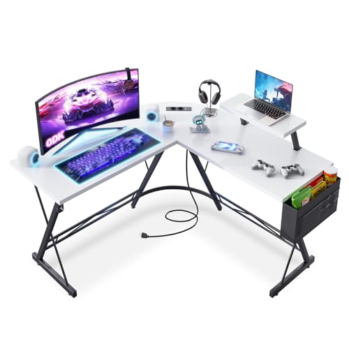 ODK Gaming Schreibtisch, Computertisch mit 2 Steckdosen und 2 USB Ladeanschluss, Eckschreibtisch Weiß mit runder Ecke, Gaming-Tisch mit Monitorablage, 127 x 127 cm von ODK