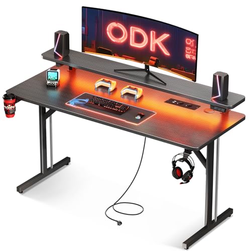 ODK Gaming Tisch, Kleiner Gaming Schreibtisch mit LED Beleuchtung & Steckdosen, Computertisch mit Monitorablage, Carbon Fiber Schwarz PC Gamer Tisch 120cm von ODK