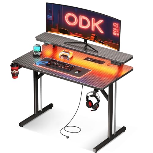 ODK Gaming Tisch, Kleiner Gaming Schreibtisch mit LED Beleuchtung & Steckdosen, Computertisch mit Monitorablage, Carbon Fiber Schwarz PC Gamer Tisch 80cm von ODK