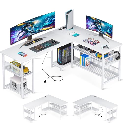 ODK Gaming Tisch, Reversibel Gaming Schreibtisch mit 2 Steckdosen und 2 USB Ladeanschluss, Maximale Organisation & Stauraum, Weiß, 150×102cm von ODK