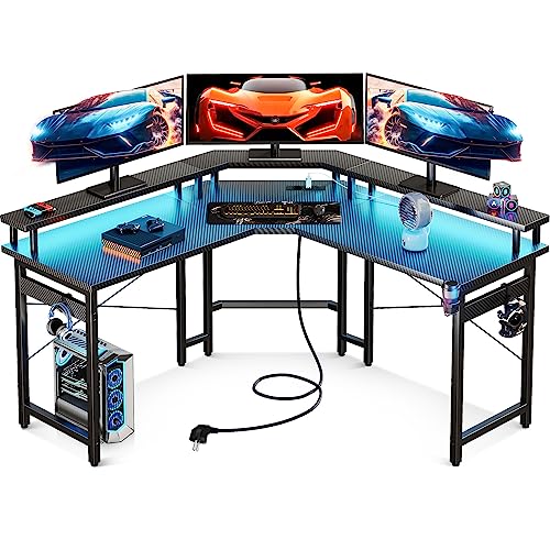ODK Gaming Tisch 129x129 cm, Gaming Schreibtisch mit LED, PC Tisch Gaming mit 2 Steckdosen und 2 USB Ladeanschluss, Computertisch mit großzügiger Monitorablage, Kohlefaser Schwarz von ODK