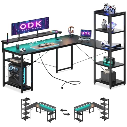 ODK Gaming Tisch Schreibtisch 155x140cm mit LED, Eckschreibtisch L-Form Reversibel, Gaming Schreibtisch mit 2 Steckdosen + 2 USB-Schnellladern, Integrierte Regale & Monitorhalter für Gamer in Schwarz ODK Gaming Tisch Schreibtisch 155x140cm mit LED, Eckschreibtisch L-Form Reversibel, Gaming Schreibtisch mit 2 Steckdosen + 2 USB-Schnellladern, Integrierte Regale & Monitorhalter für Gamer in Schwarz von ODK