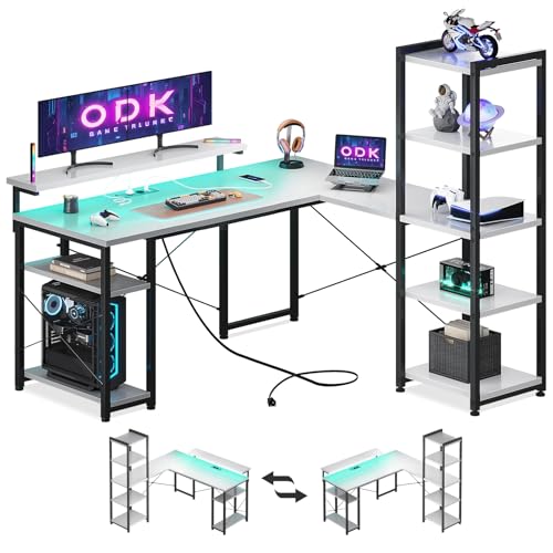 ODK Schreibtisch Bürotisch L-Form 137x140cm mit LED, Eckschreibtisch Reversibel für Homeoffice, Moderner Gaming Schreibtisch mit Steckdosen + USB, Integriertes Regalsystem & Kabelmanagement in Weiß von ODK
