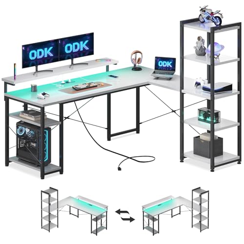 ODK Schreibtisch Bürotisch L-Form 155x140cm mit LED, Eckschreibtisch Reversibel für Homeoffice, Moderner Gaming Schreibtisch mit Steckdosen + USB, Integriertes Regalsystem & Kabelmanagement in Weiß von ODK